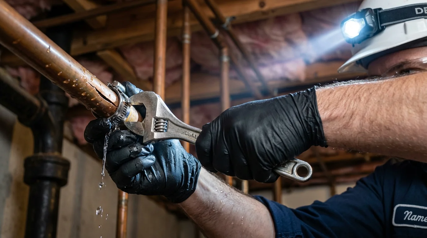 Emergency pipe clamp repair being performed by a Johns Plumbing LLC plumber in New Buffalo