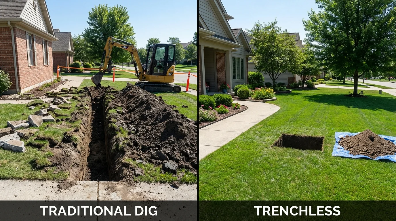 Trenchless sewer repair with minimal yard damage versus traditional excavation in New Buffalo, MI